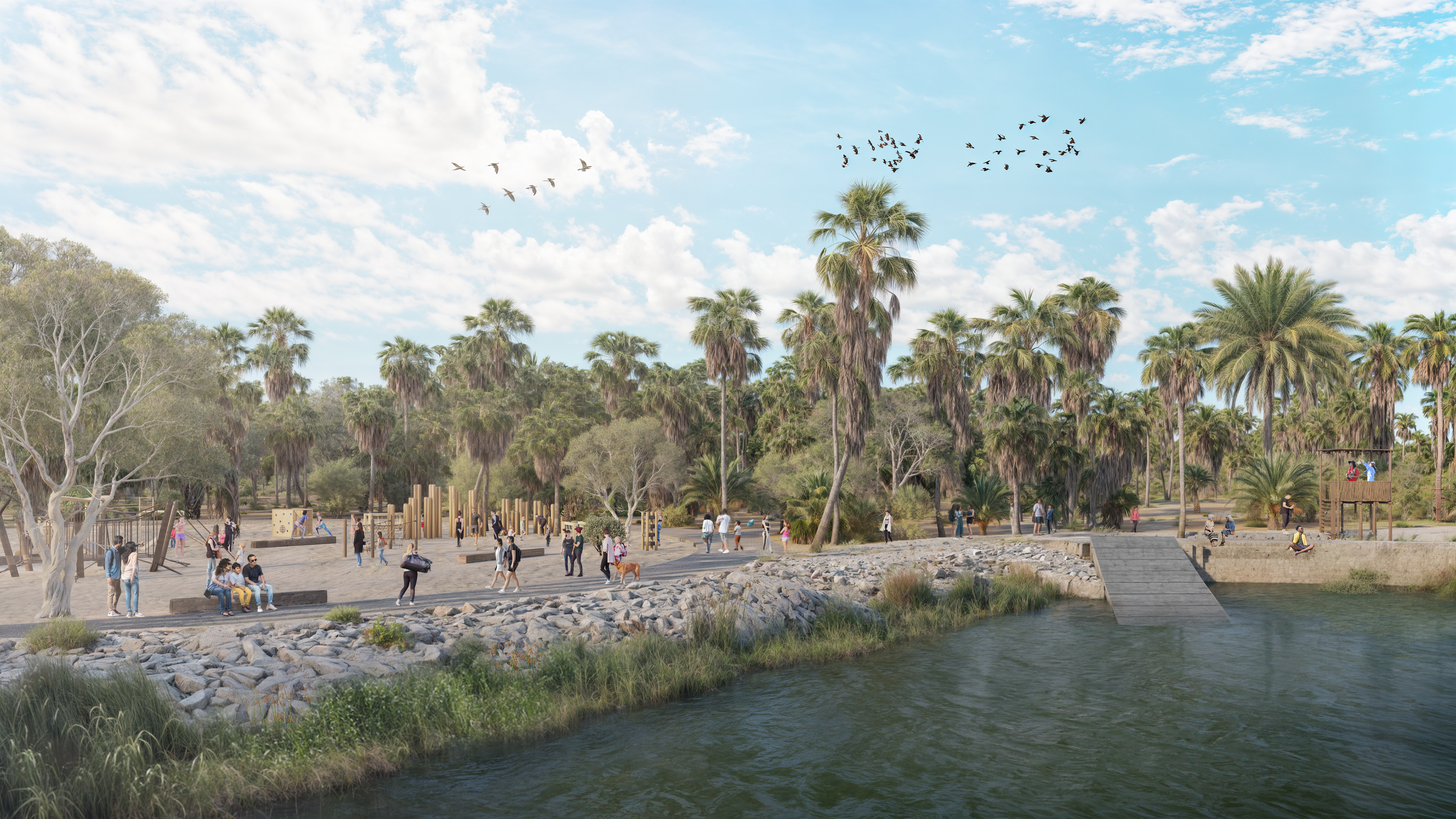 Rendering of families enjoying the restored waterfront at the Añuiti Estuary — boardwalk, playground, and dock along the channel