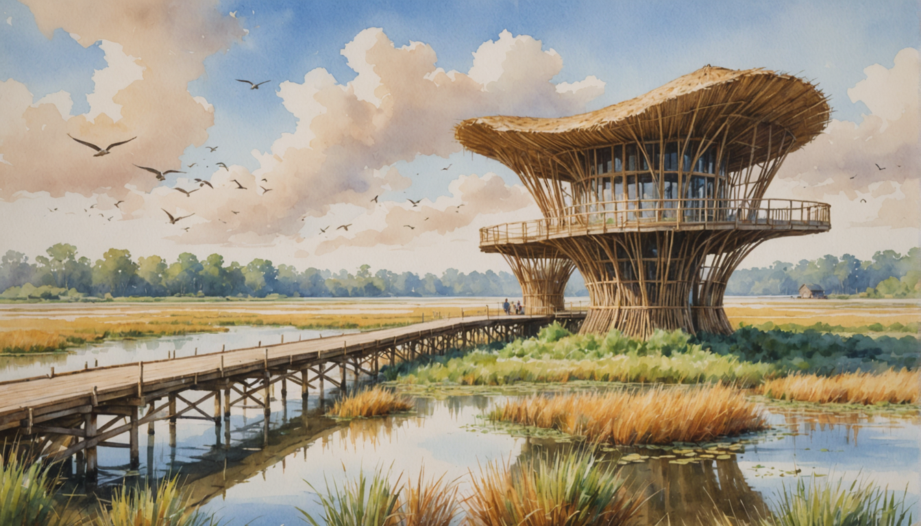 Conceptual rendering of a sculptural observation structure at the estuary edge