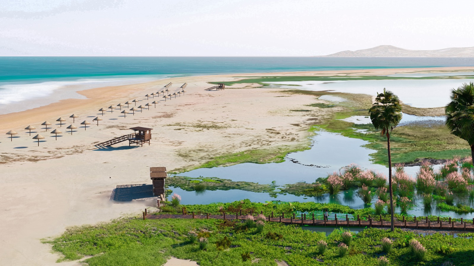 Aerial view of the estuary mouth where the lagoon meets the Sea of Cortés